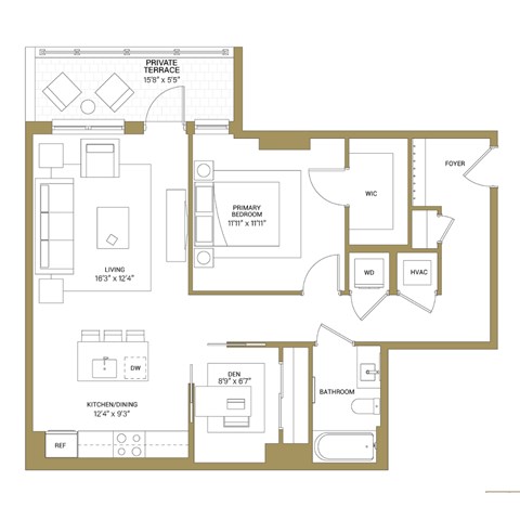 A floor plan of a house with a living room, kitchen, two bedrooms, a bathroom, and a foyer.